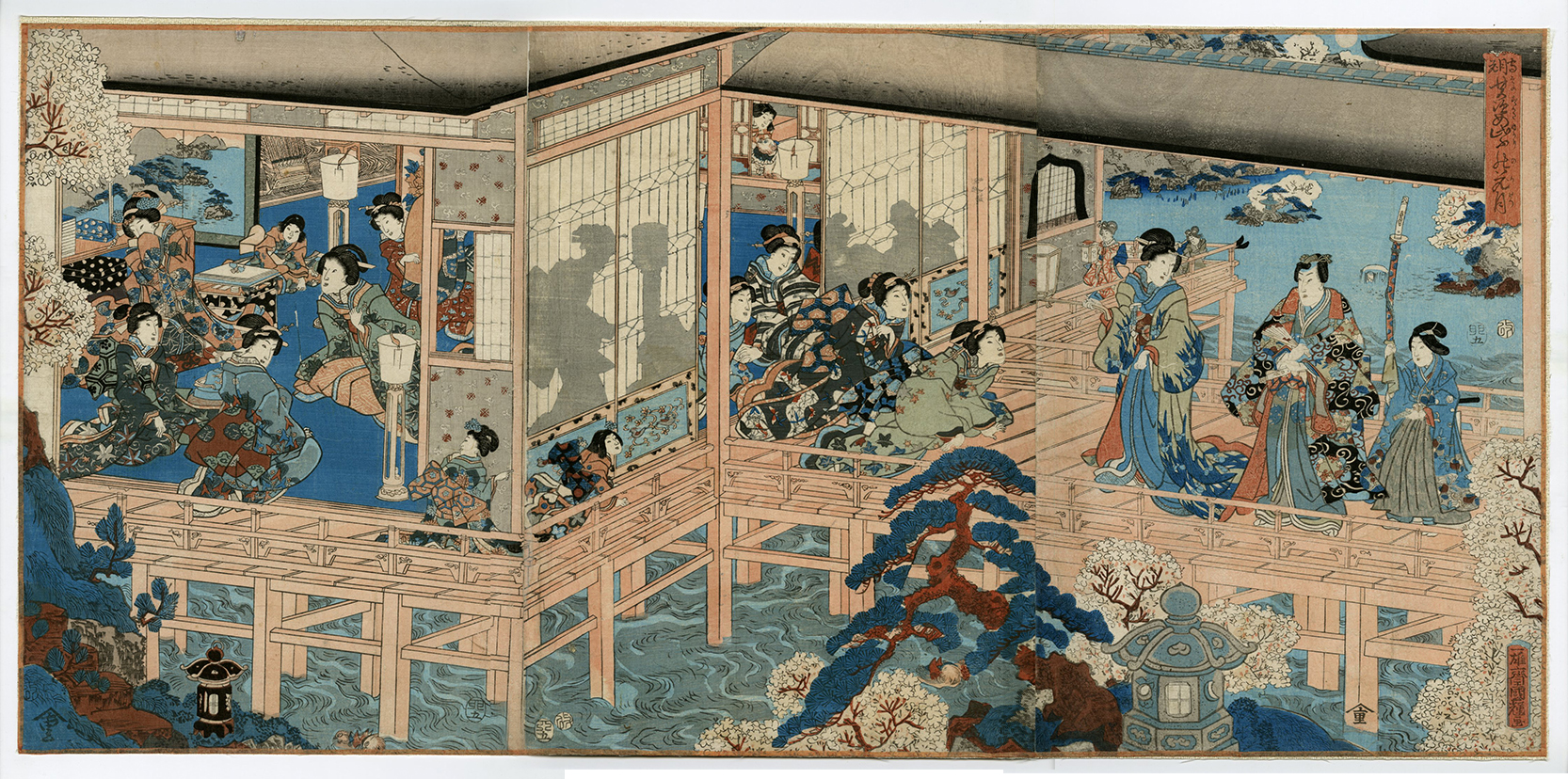 Kuniteru - That Familiar Figure with Flowers and Moon - Ukiyo-e ...